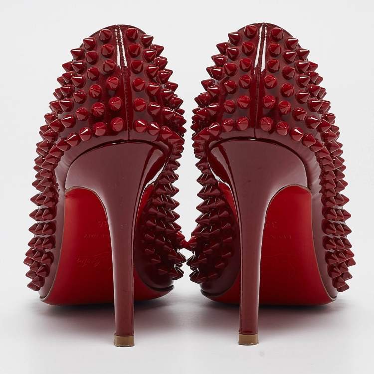 Pre Owned Christian Louboutin Dark Red Patent Leather Pigalle Spikes Pumps Size 36