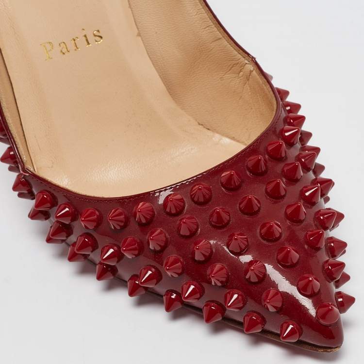 Pre Owned Christian Louboutin Dark Red Patent Leather Pigalle Spikes Pumps Size 36