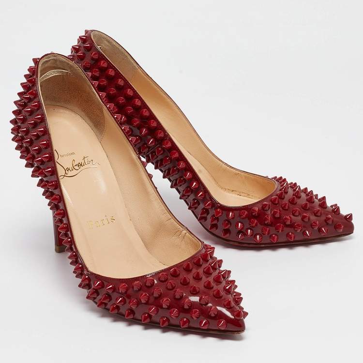 Pre Owned Christian Louboutin Dark Red Patent Leather Pigalle Spikes Pumps Size 36