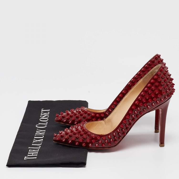 Pre Owned Christian Louboutin Dark Red Patent Leather Pigalle Spikes Pumps Size 36