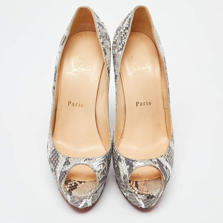 Pre Owned Christian Louboutin Grey/Silver Python Lady Peep Toe Platform Pumps Size 38.5