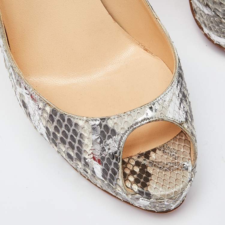Pre Owned Christian Louboutin Grey/Silver Python Lady Peep Toe Platform Pumps Size 38.5
