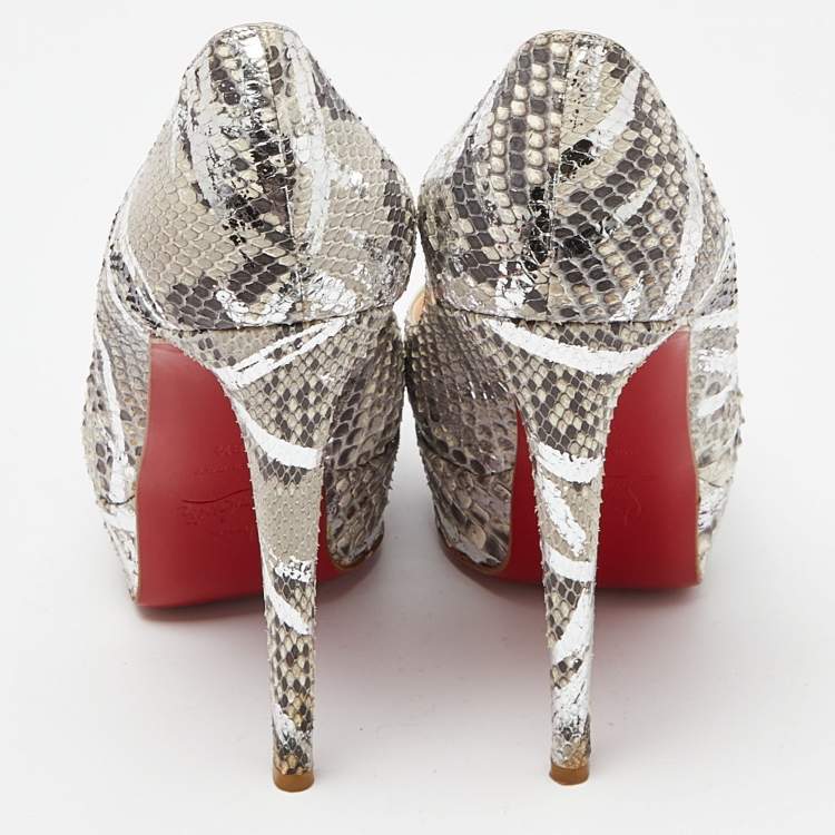 Pre Owned Christian Louboutin Grey/Silver Python Lady Peep Toe Platform Pumps Size 38.5