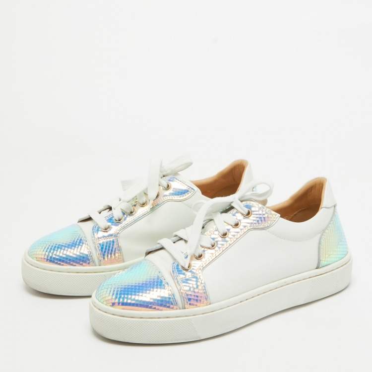 Pre Owned Christian Louboutin Two Tone Leather and Snakeskin Embossed Sneakers Size 39