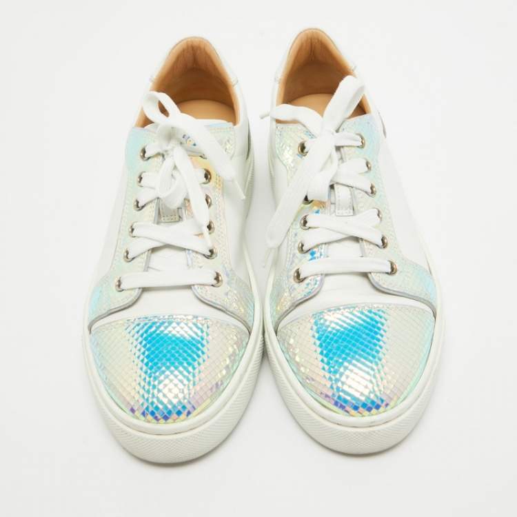 Pre Owned Christian Louboutin Two Tone Leather and Snakeskin Embossed Sneakers Size 39