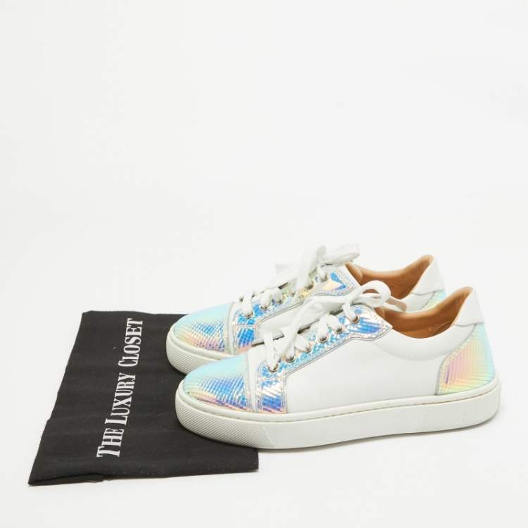 Pre Owned Christian Louboutin Two Tone Leather and Snakeskin Embossed Sneakers Size 39