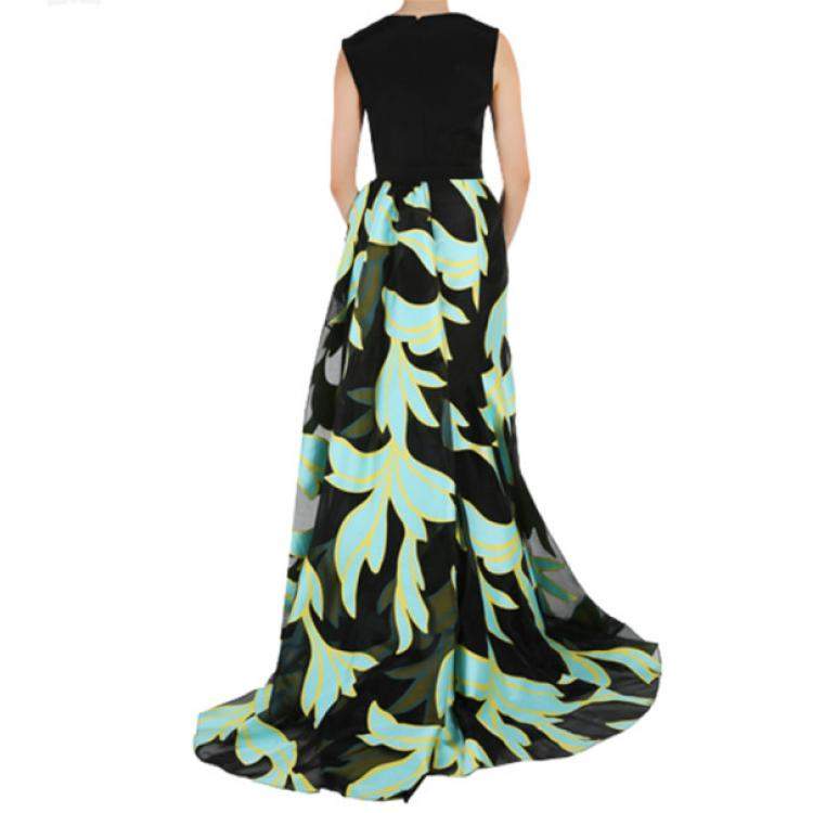 Pre Owned Christian Siriano Black and Turquoise Silk Printed Gown M