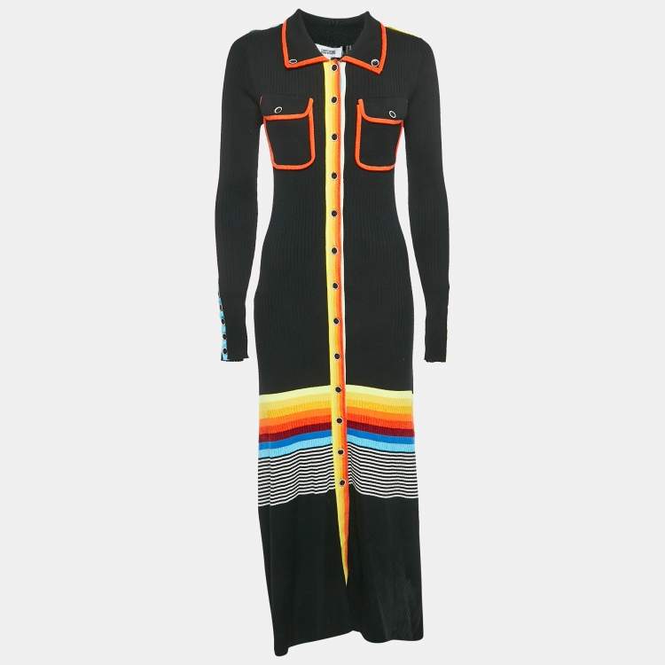 Pre Owned Christopher John Rogers Black Stripe Button Front Long Shirt Dress M