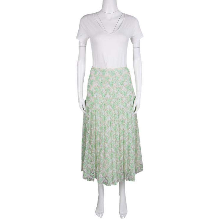 Pre Owned Christopher Kane Mint Plasma Floral Lace Pleated Midi Skirt S