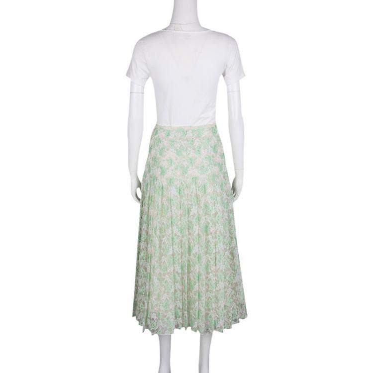 Pre Owned Christopher Kane Mint Plasma Floral Lace Pleated Midi Skirt S