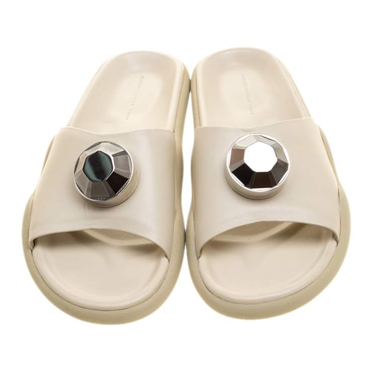 Pre Owned Christopher Kane Cream Crystal Embellished Flat Slides Size 37