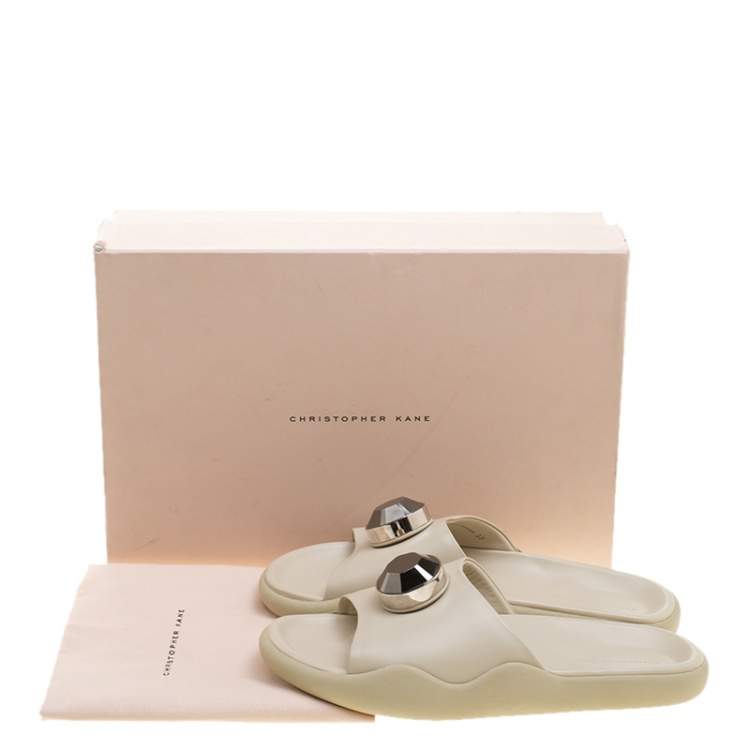 Pre Owned Christopher Kane Cream Crystal Embellished Flat Slides Size 37