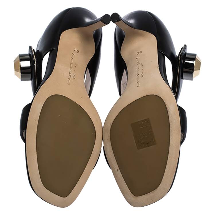 Pre Owned Christopher Kane Black Leather Metal Detail Sandals Size 39