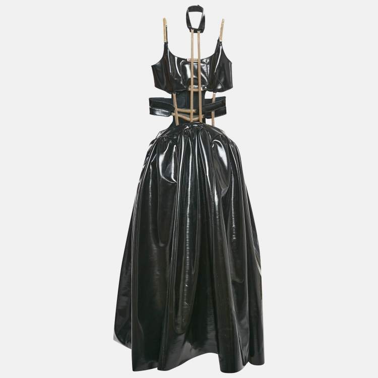 Pre Owned Christopher Kane Black Faux Leather Cut-Out Strap Detail Maxi Dress S 