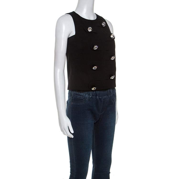مملوكة مسبقًا Christopher Kane Black Crepe Large Crystal Detail Sleeveless Top S