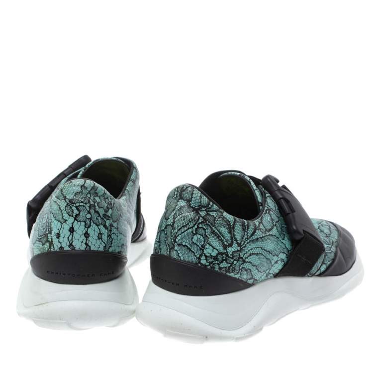 مملوكة مسبقًا Christopher Kane Black/Blue Lace Print Leather Safety Buckle Low Top Sneakers Size 36.5