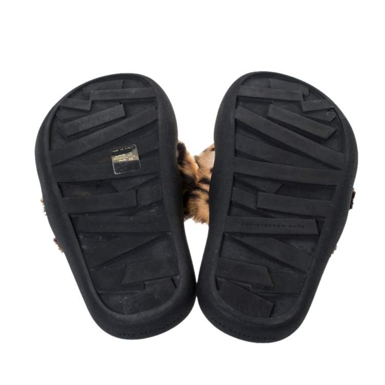 Pre Owned Christopher Kane Brown Leopard Print Fur Pool Slides Size 38