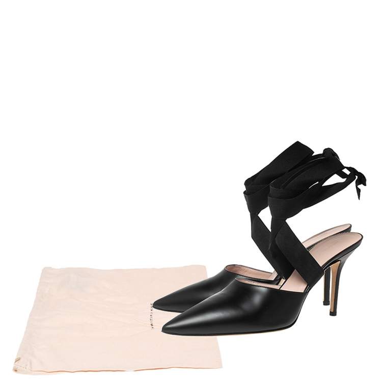 Pre Owned Christopher Kane Black Leather Pointed Toe Ankle Wrap Mule Sandals Size 39.5