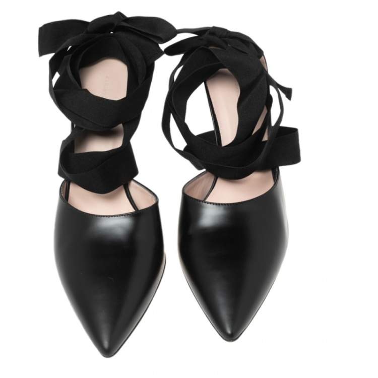Pre Owned Christopher Kane Black Leather Pointed Toe Ankle Wrap Mule Sandals Size 39.5