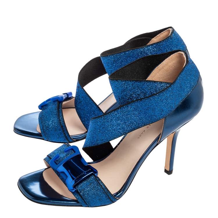 مملوكة مسبقًا Christopher Kane Metallic Blue Leather And Lurex Fabric Crisscross Ankle Strap Sandals Size 38