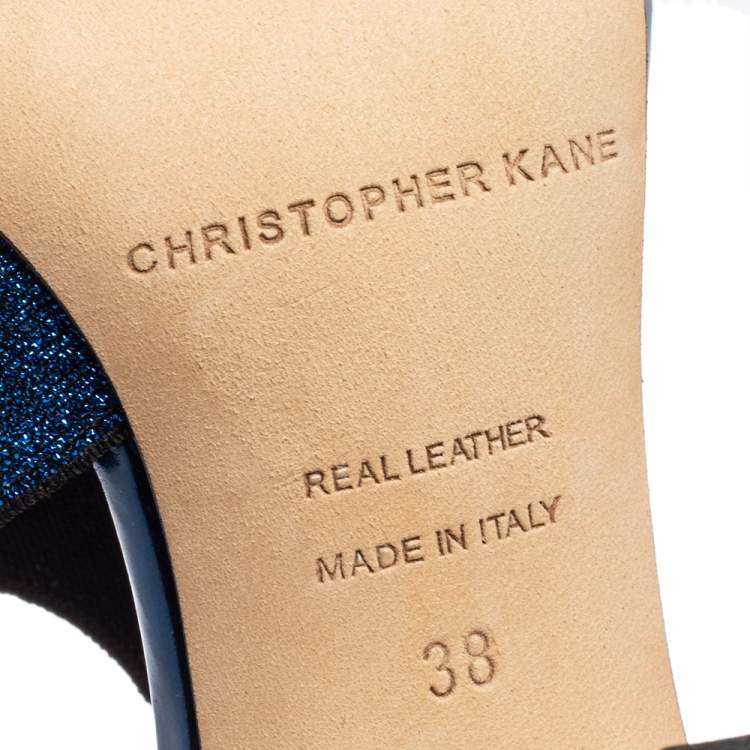 مملوكة مسبقًا Christopher Kane Metallic Blue Leather And Lurex Fabric Crisscross Ankle Strap Sandals Size 38