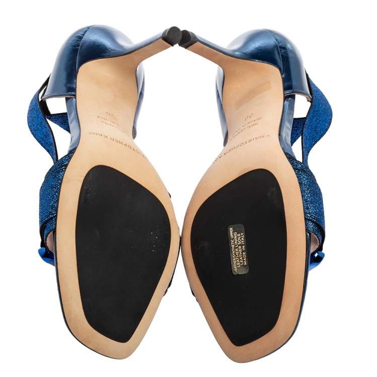 مملوكة مسبقًا Christopher Kane Metallic Blue Leather And Lurex Fabric Crisscross Ankle Strap Sandals Size 38