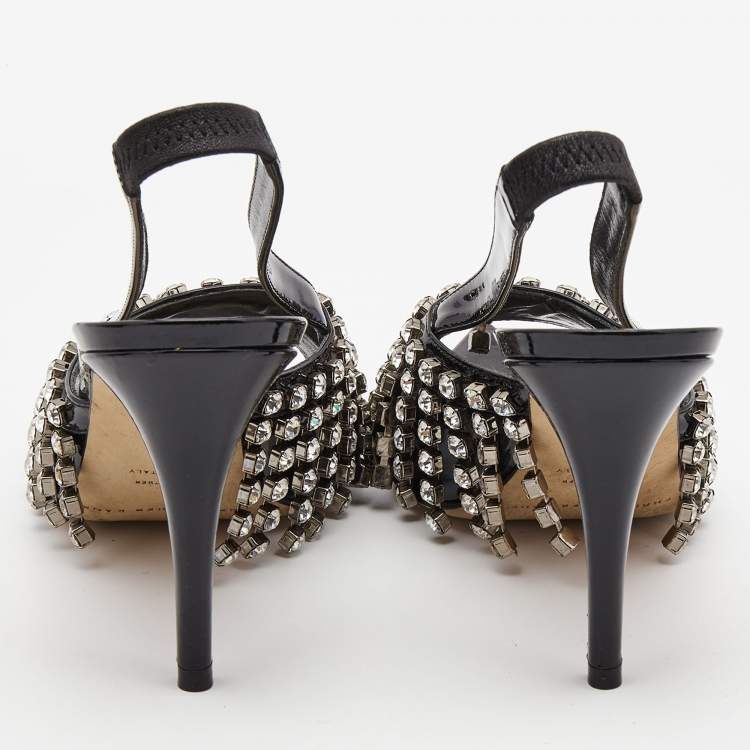 Pre Owned Christopher Kane Black Patent Leather Embellished Slingback Pumps Size 38