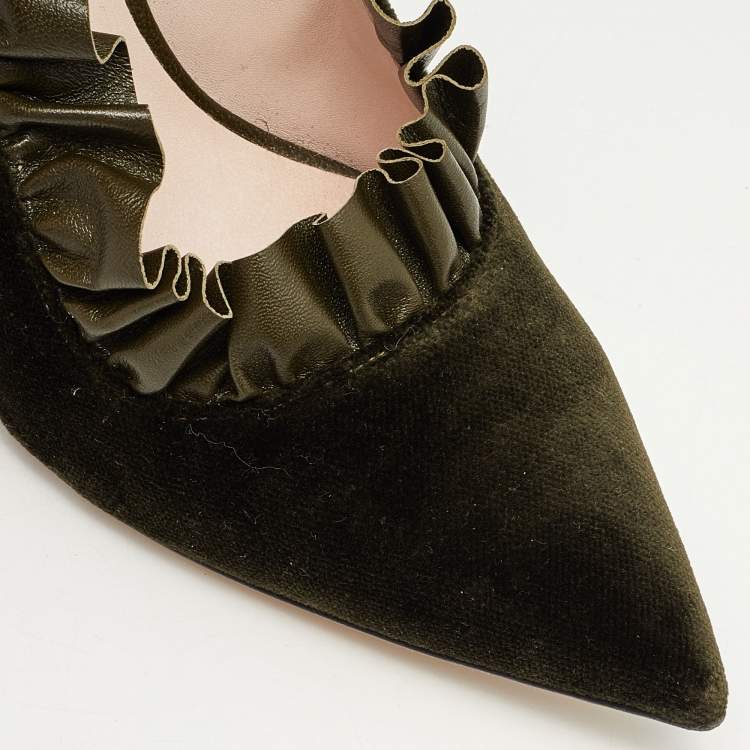 Pre Owned Christopher Kane Army Green Velvet and Ruffled Leather Pumps Size 40