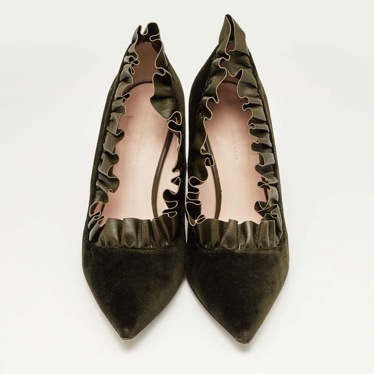 Pre Owned Christopher Kane Army Green Velvet and Ruffled Leather Pumps Size 40