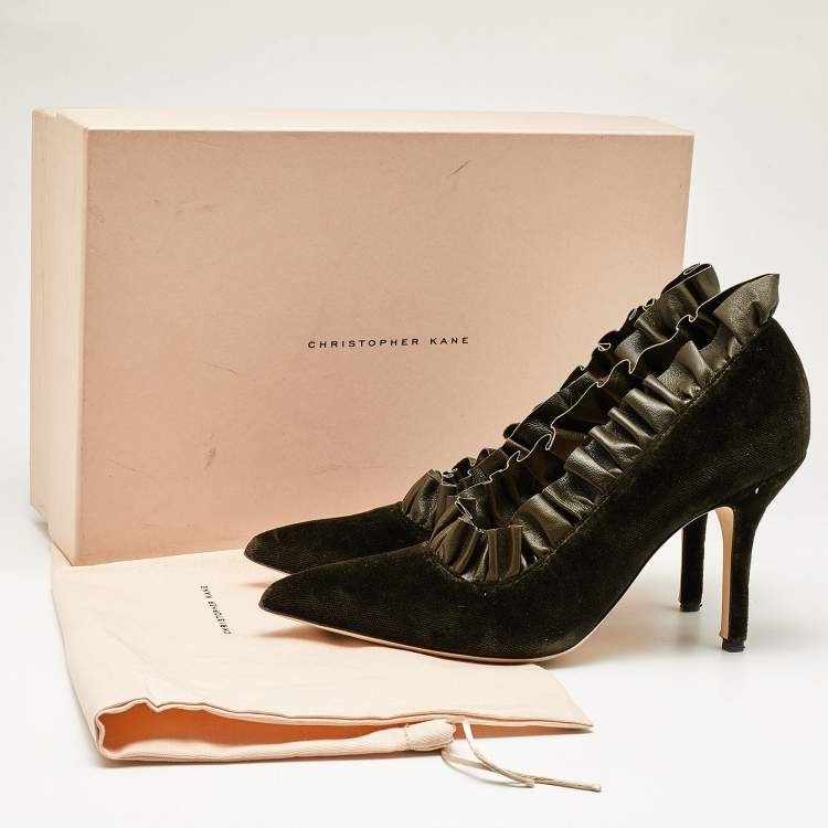 Pre Owned Christopher Kane Army Green Velvet and Ruffled Leather Pumps Size 40