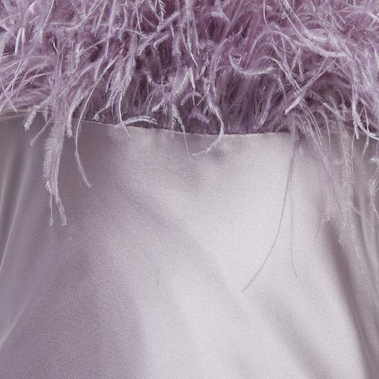 Pre Owned Cinq à Sept Purple Satin Silk Ostrich Feather Detail Cerise Slip Dress M