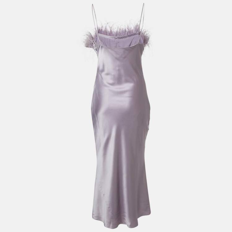 Pre Owned Cinq à Sept Purple Satin Silk Ostrich Feather Detail Cerise Slip Dress M