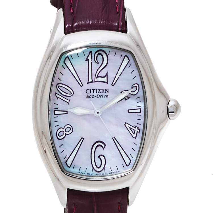 Pre Owned Citizen Mother Of Pearl Stainless Steel Leather Eco-Drive E031-S020352 Women's Wristwatch 31 MM