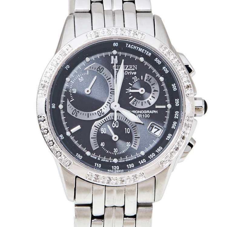 Pre Owned Citizen Black Stainless Steel Diamonds Eco-Drive Women's Wristwatch 32 mm
