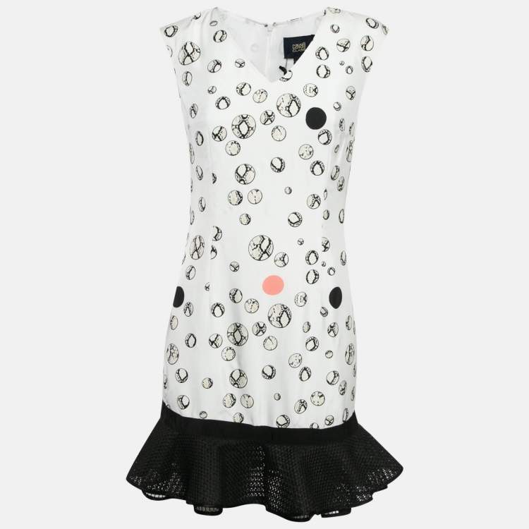 Pre Owned Class by Roberto Cavalli White Printed Crepe Tulle Ruffle Hem Detail Mini Dress M