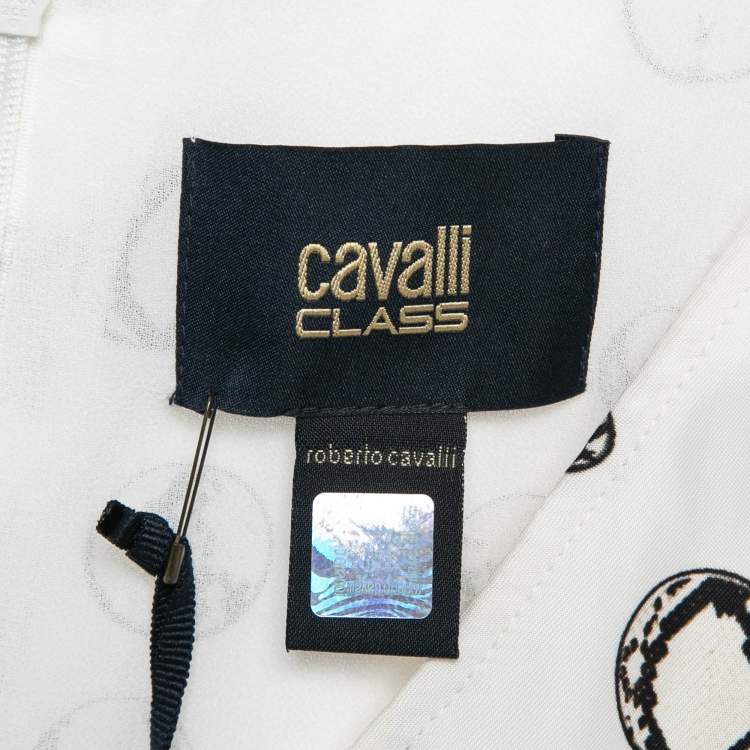 Pre Owned Class by Roberto Cavalli White Printed Crepe Tulle Ruffle Hem Detail Mini Dress M