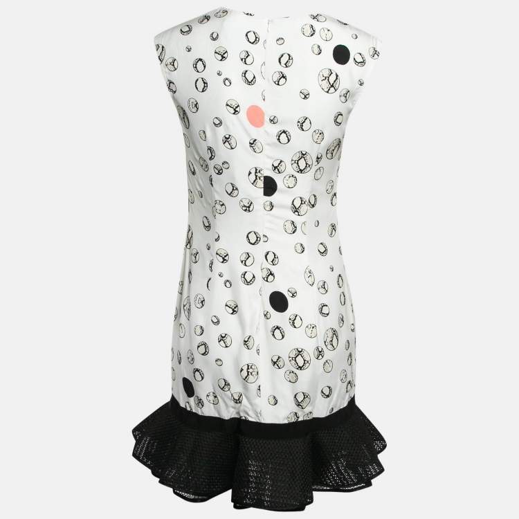 Pre Owned Class by Roberto Cavalli White Printed Crepe Tulle Ruffle Hem Detail Mini Dress M