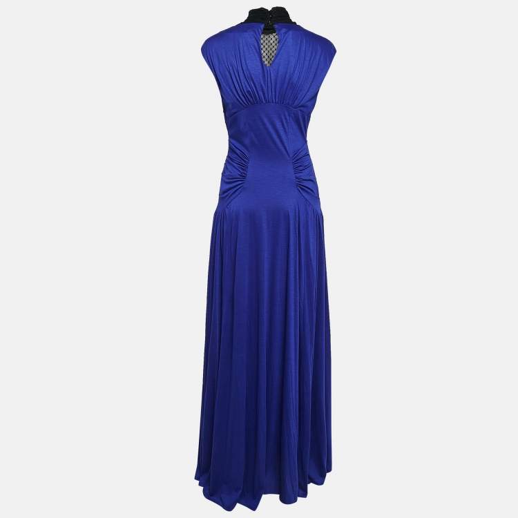 Pre Owned Class by Roberto Cavalli Blue Tulle Trim Jersey Ruched Maxi Dress M