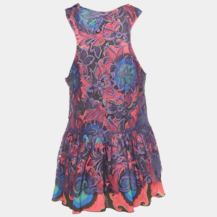 Pre Owned Class by Roberto Cavalli Multicolor Printed Lace Sleeveless Top  L 