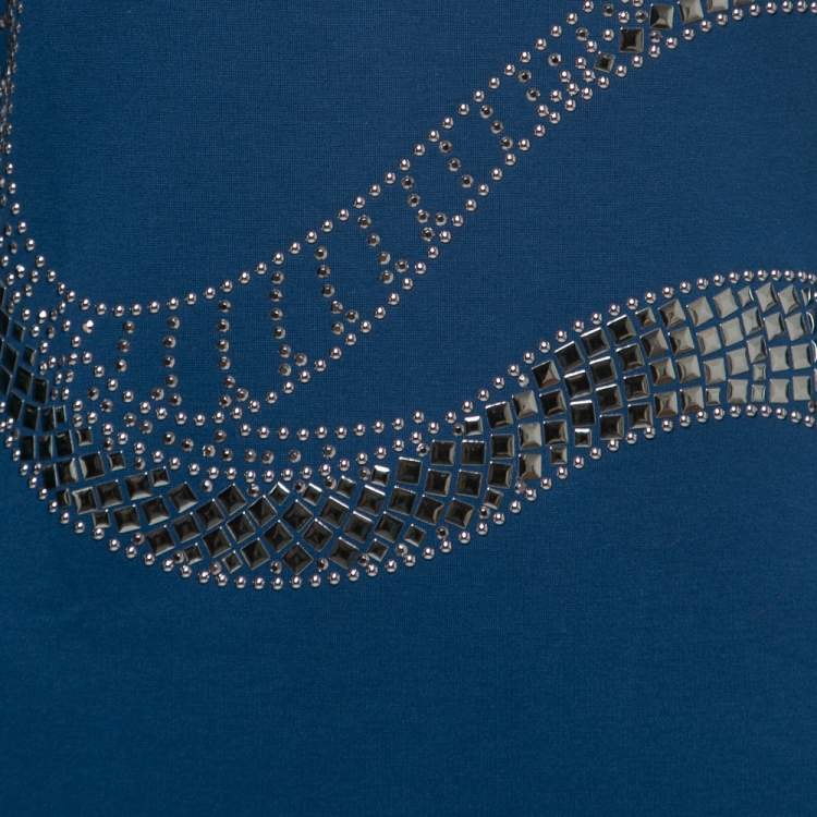 Pre Owned Class by Roberto Cavalli Blue Knit Stud Embellished Long Sleeve Dress M