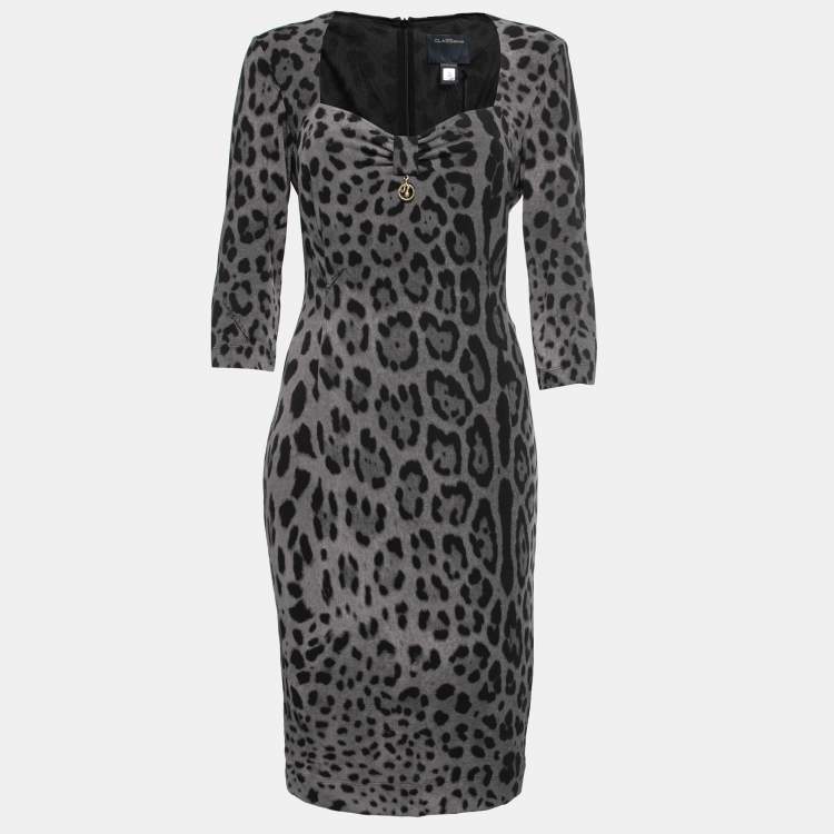 Pre Owned Class by Roberto Cavalli Grey Animal Print Jersey Long Sleeve Dress M