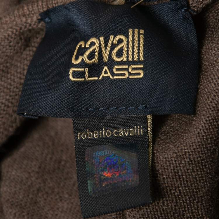 مملوكة مسبقًا Class by Roberto Cavalli Brown Knit & Floral Silk High Neck Poncho Top L