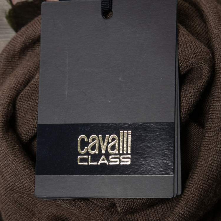 مملوكة مسبقًا Class by Roberto Cavalli Brown Knit & Floral Silk High Neck Poncho Top L