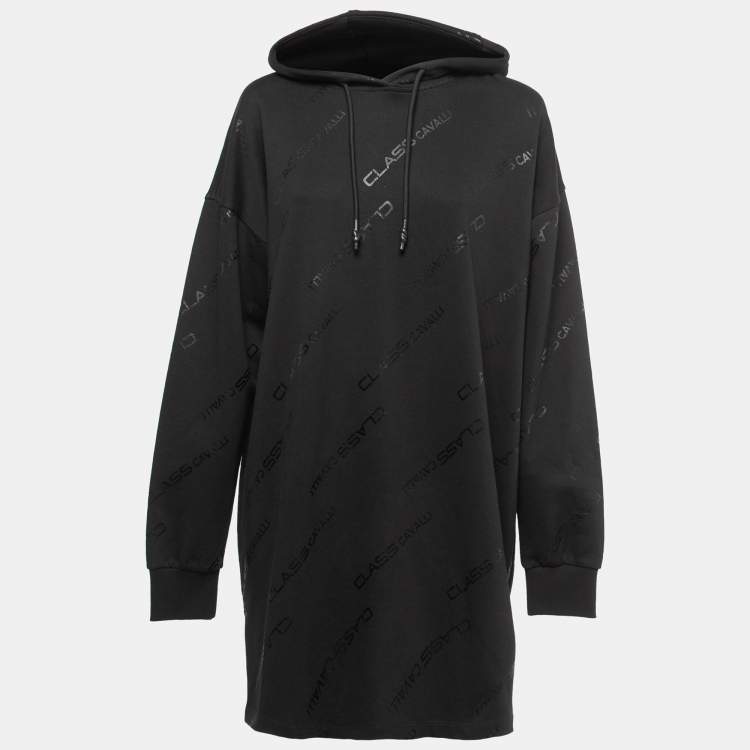 Pre Owned Class by Roberto Cavalli Black Logo Print Cotton Hooded Dress L