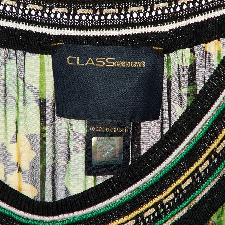 Pre Owned Class by Roberto Cavalli Black Knit& Printed Silk Midi Dress M
