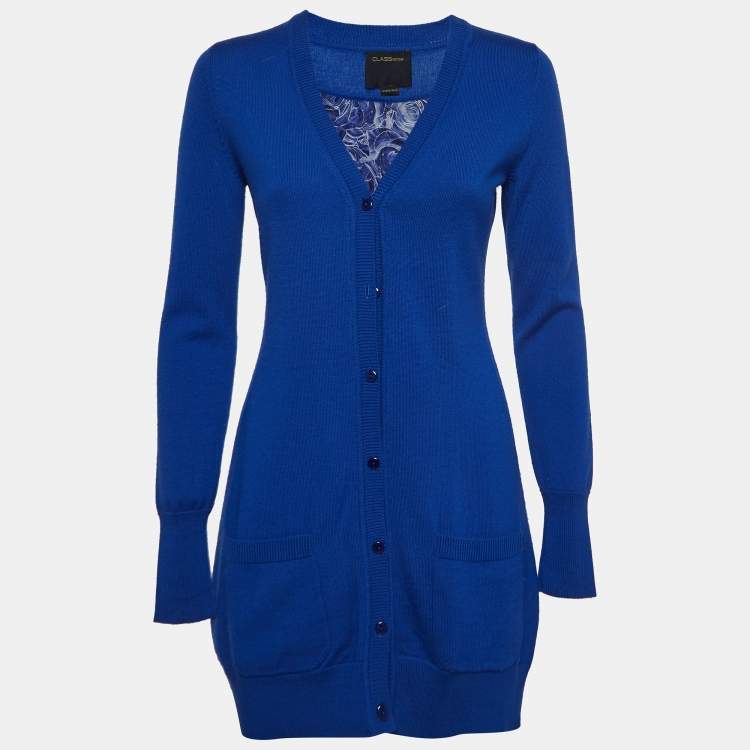 Pre Owned Class by Roberto Cavalli Blue Wool Silk Inset Buttoned Cardigan M