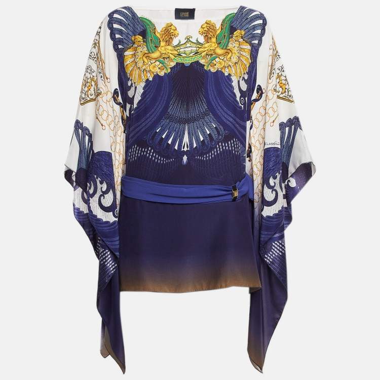 Pre Owned Class by Roberto Cavalli Navy Blue Printed Satin Silk Kaftan Top M