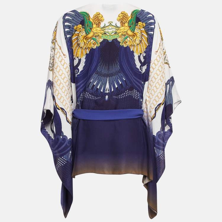 Pre Owned Class by Roberto Cavalli Navy Blue Printed Satin Silk Kaftan Top M