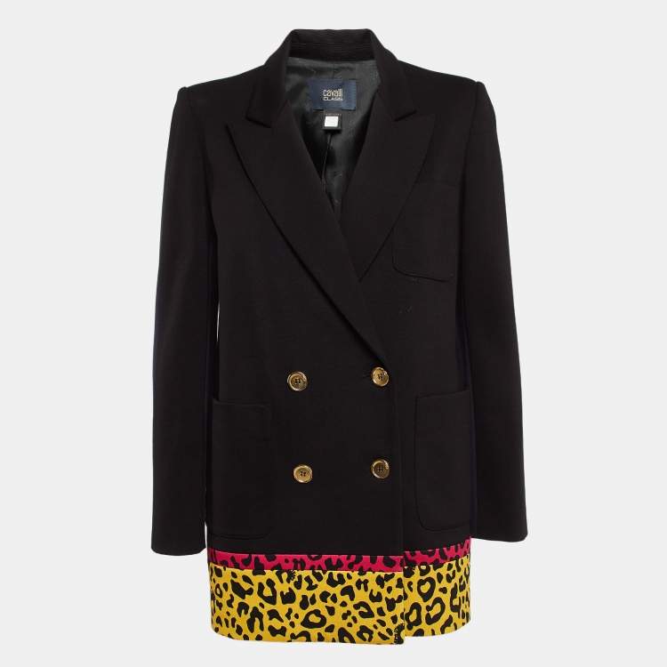 Pre Owned Class by Roberto Cavalli Black Contrast Leopard Print Stretch Crepe Blazer S