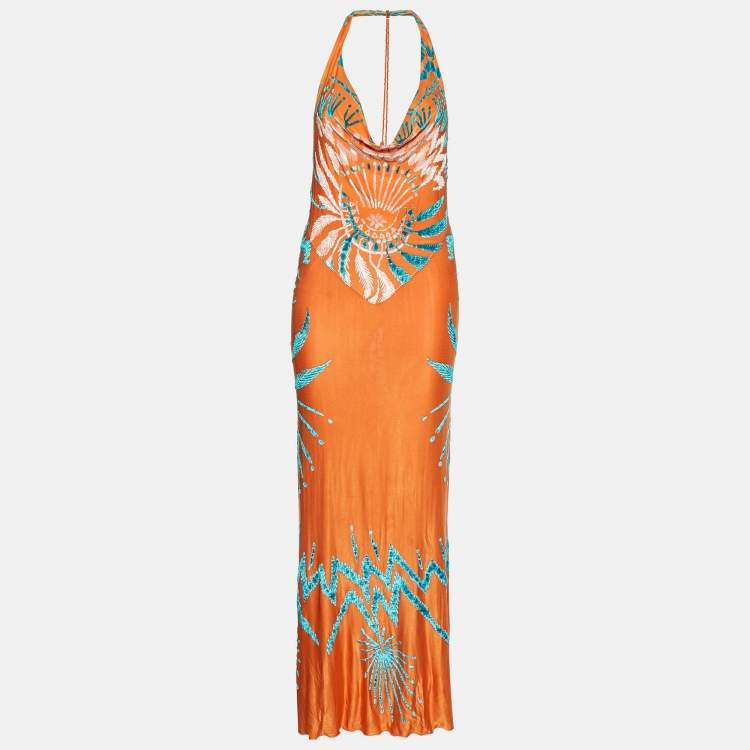 Pre Owned Class by Roberto Cavalli Orange Jersey Velvet Textured Halter Neck Maxi Dress L